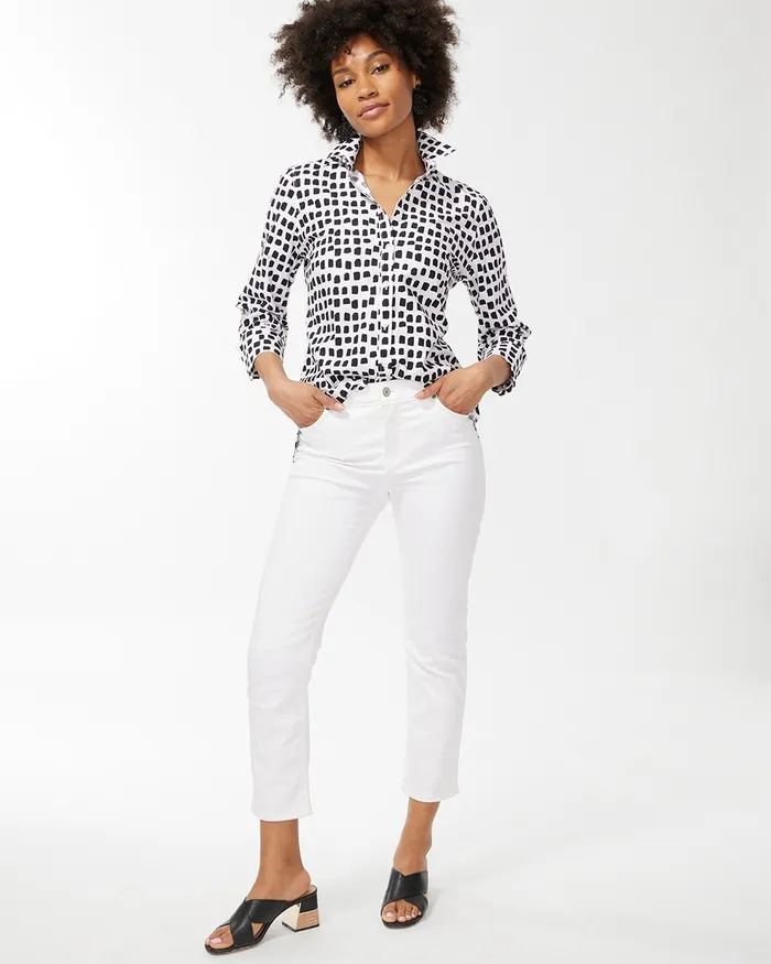 Chico039s No Iron Stretch Square Dot Shirt Optic WhiteBlack Women Tops