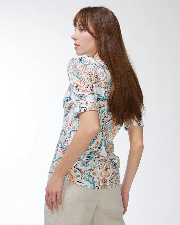 Chico039s Paisley Henley Elbow Sleeve Slub Tee Optic White Women Tops