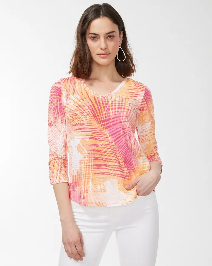 Chico039s Palm Print 34 Sleeve Slub Tee Strawberry Margarita Women Tees
