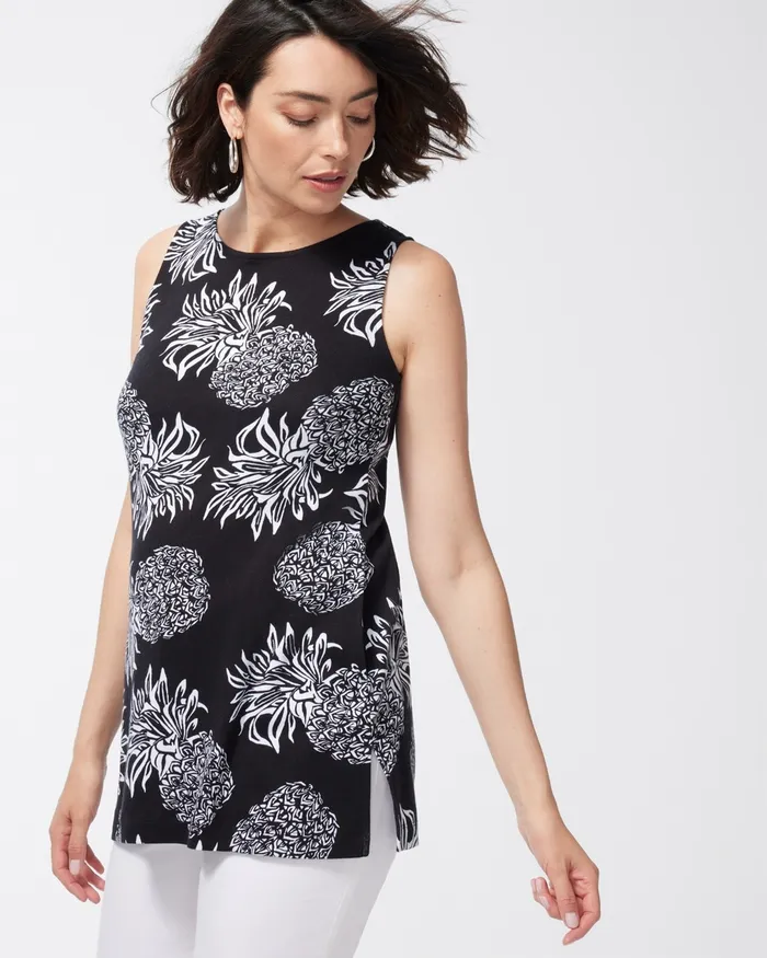 Chico039s Pima Pineapple Print Pocket Tunic Black Women Tops