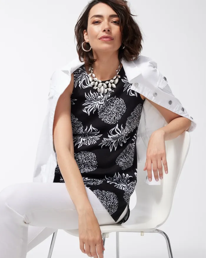 Chico039s Pima Pineapple Print Pocket Tunic Black Women Tops