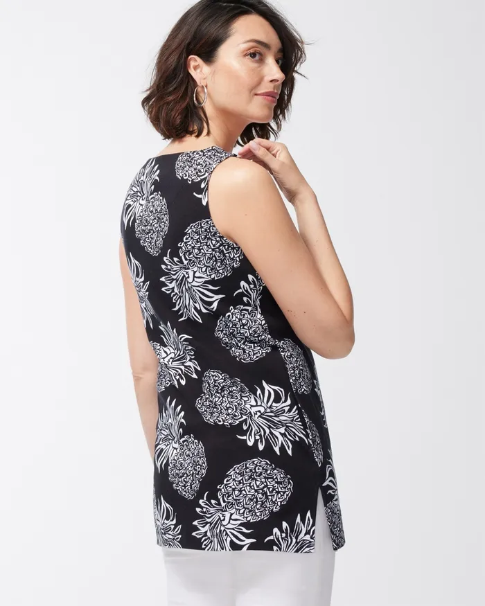 Chico039s Pima Pineapple Print Pocket Tunic Black Women Tops