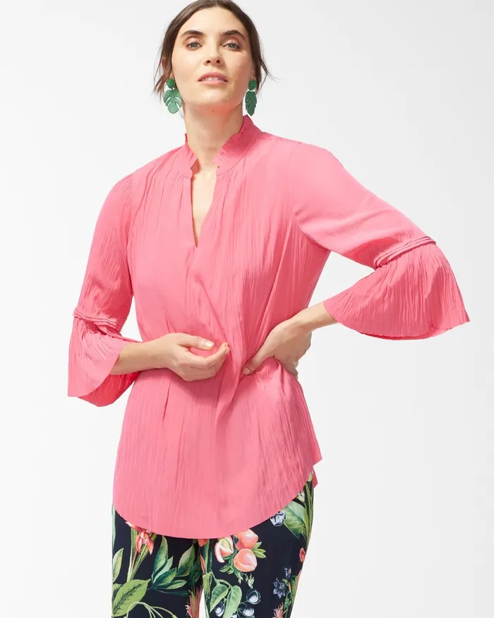 Chico039s Pleated Flare Sleeve Blouse Strawberry Margarita Women Tops