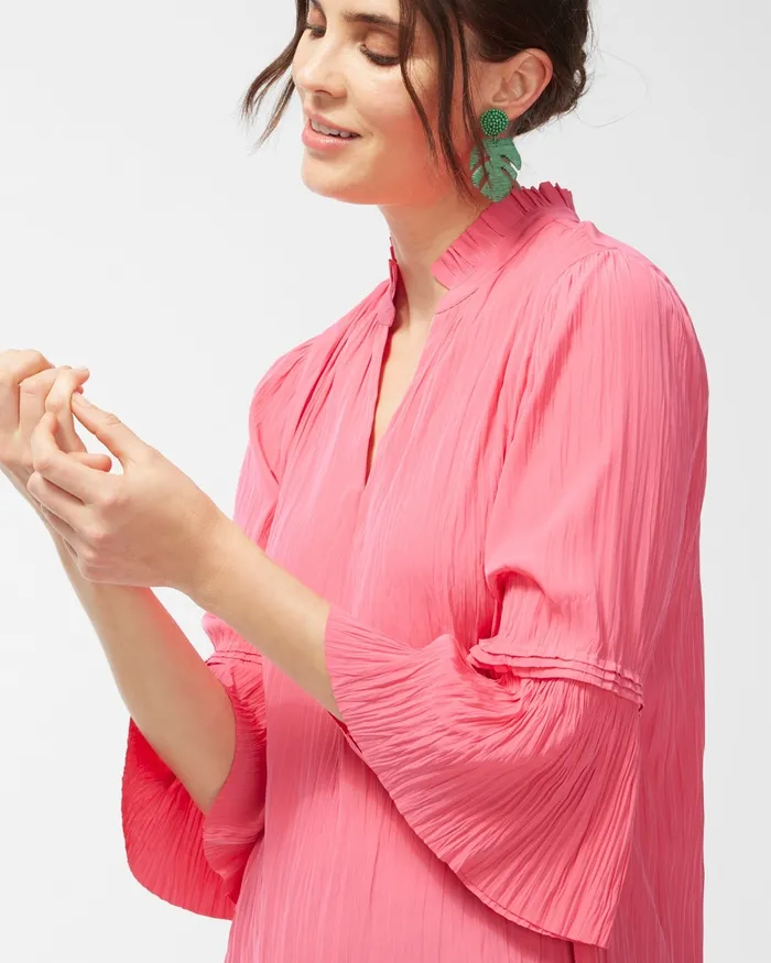 Chico039s Pleated Flare Sleeve Blouse Strawberry Margarita Women Tops