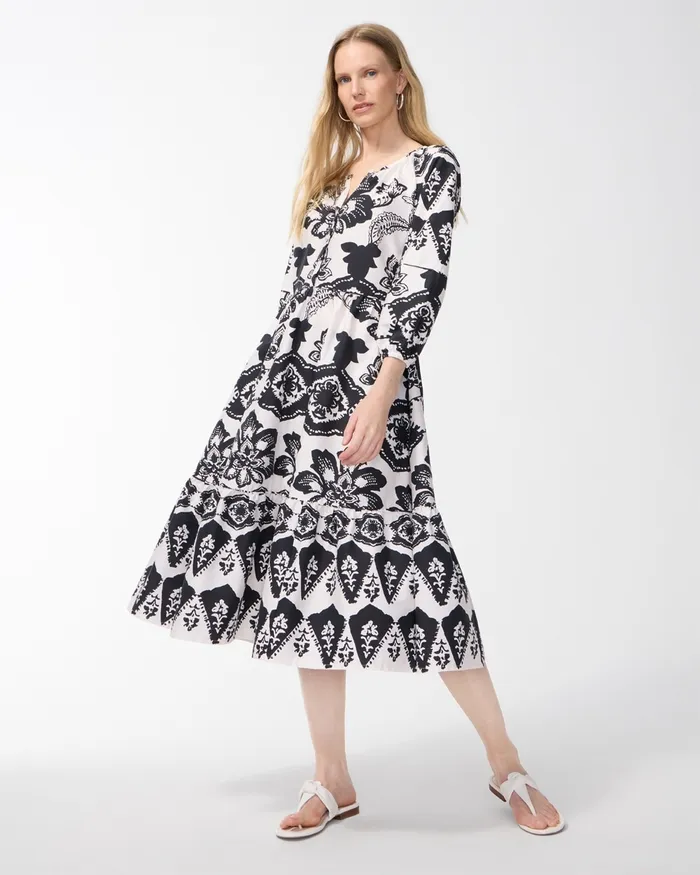 Chico039s Poplin Balloon Sleeve Floral Midi Dress BlackAlabaster Women Dresses and Skirts