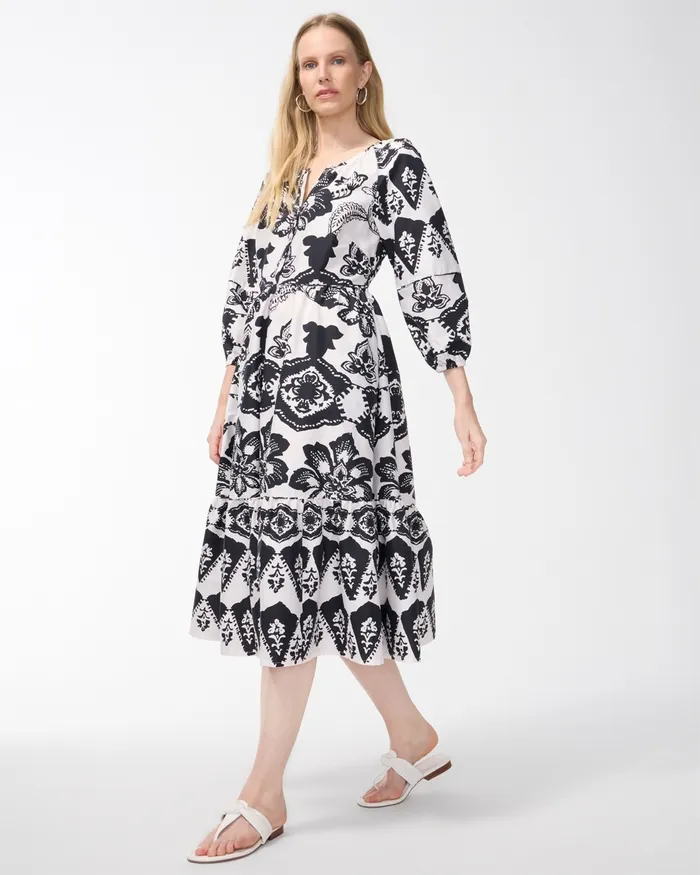 Chico039s Poplin Balloon Sleeve Floral Midi Dress BlackAlabaster Women Dresses and Skirts