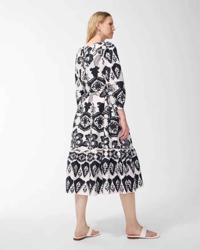 Chico039s Poplin Balloon Sleeve Floral Midi Dress BlackAlabaster Women Dresses and Skirts