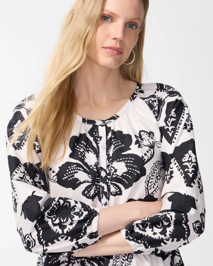 Chico039s Poplin Balloon Sleeve Floral Midi Dress BlackAlabaster Women Dresses and Skirts