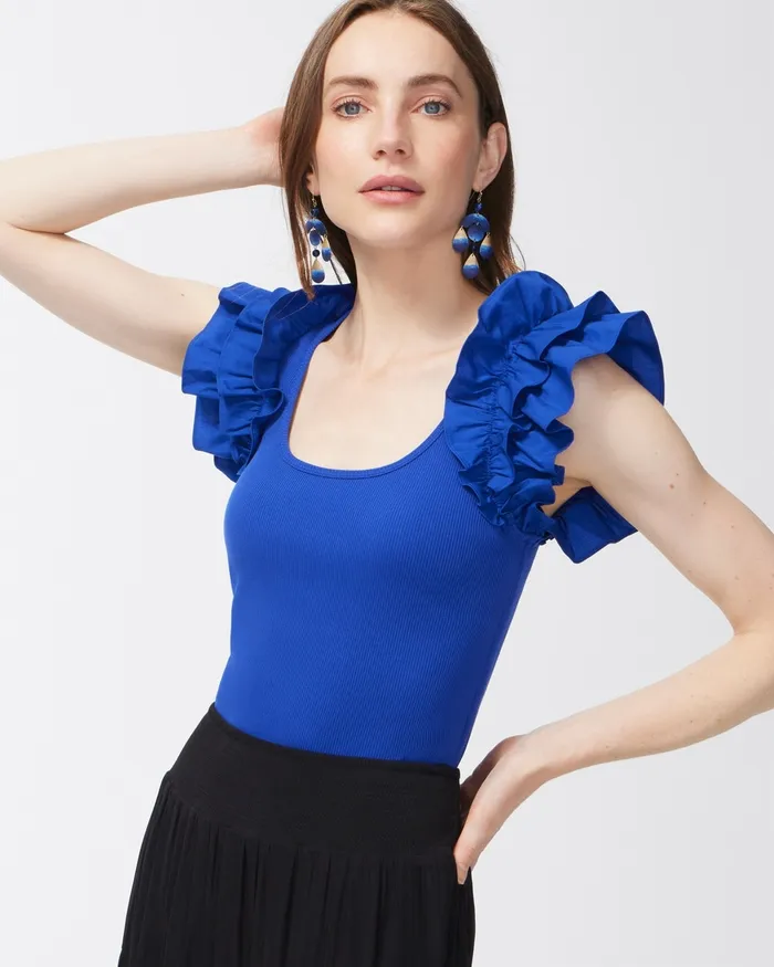 Chico039s Poplin Rib Mix Ruffle Sleeve Tank Blue Grotto Women Tees