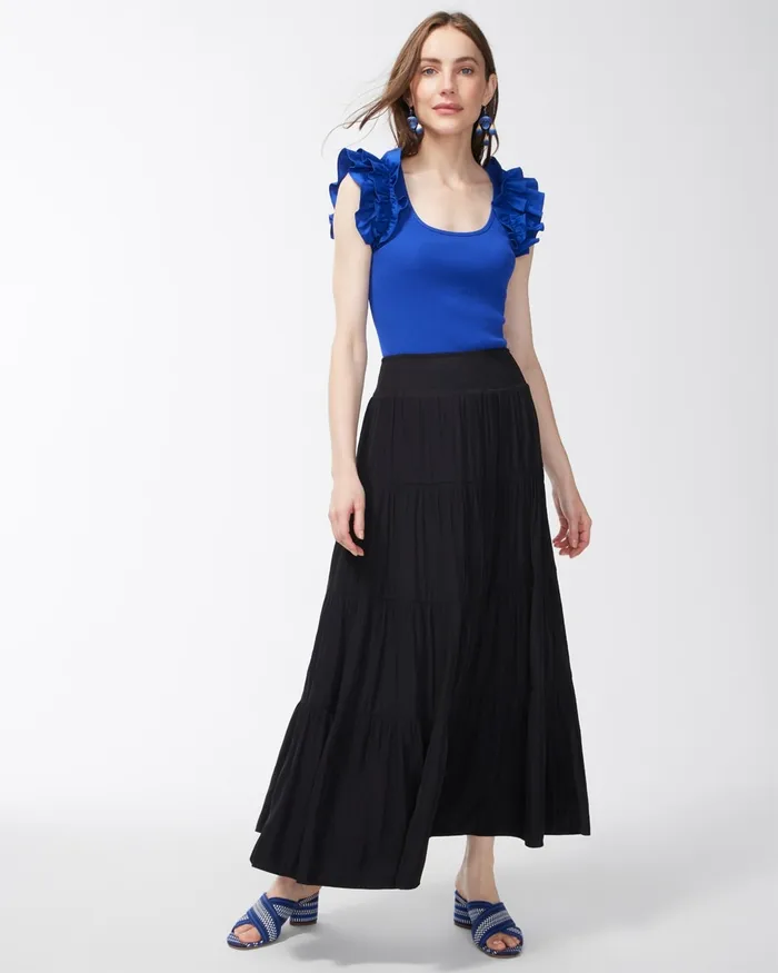 Chico039s Poplin Rib Mix Ruffle Sleeve Tank Blue Grotto Women Tees