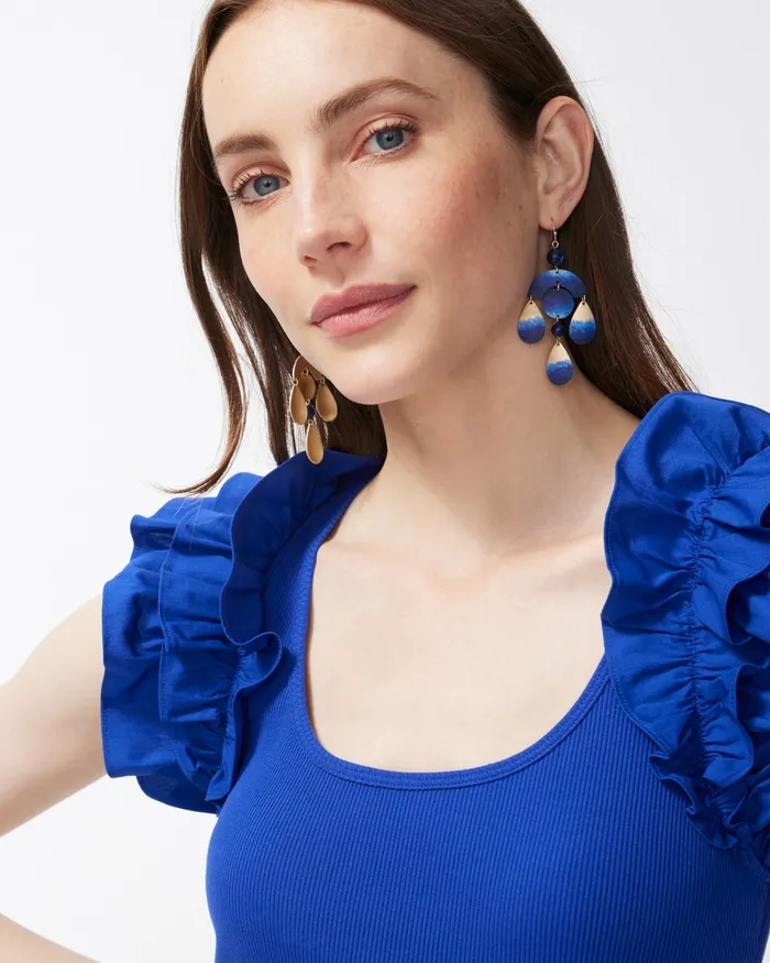 Chico039s Poplin Rib Mix Ruffle Sleeve Tank Blue Grotto Women Tees