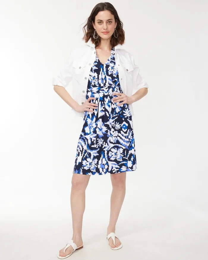 Chico039s Print Pleated Short Dress Classic Navy Women Dresses and Skirts