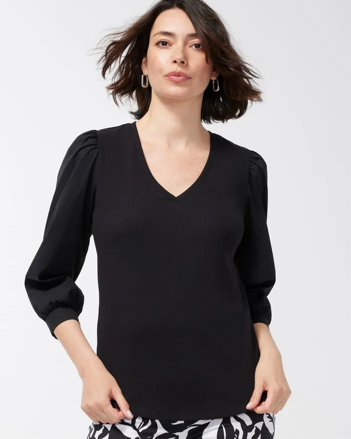 Chico039s Rib Mix VNeck Top Black Women Tees