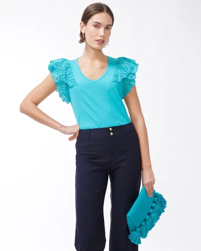 Chico039s Ribbed Eyelet Flutter Sleeve Tee Agua Azul Women Tops