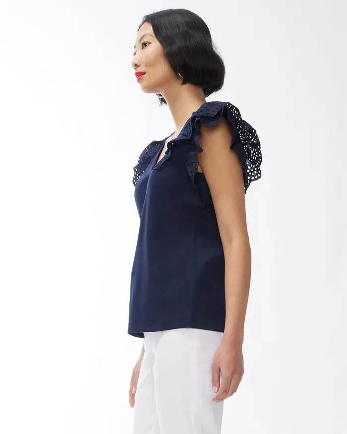 Chico039s Ribbed Eyelet Flutter Sleeve Tee Agua Azul Women Tops