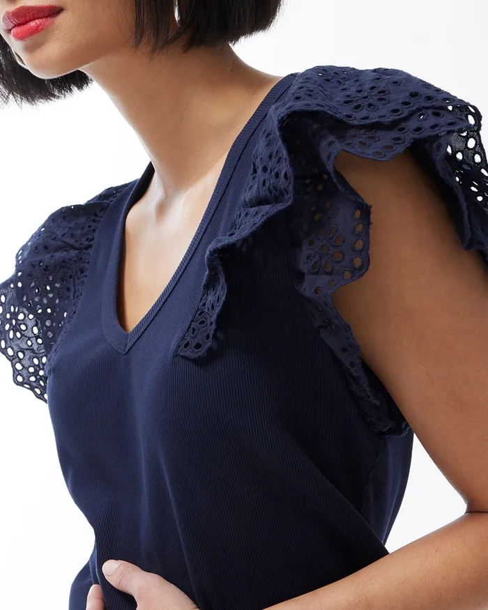 Chico039s Ribbed Eyelet Flutter Sleeve Tee Agua Azul Women Tops