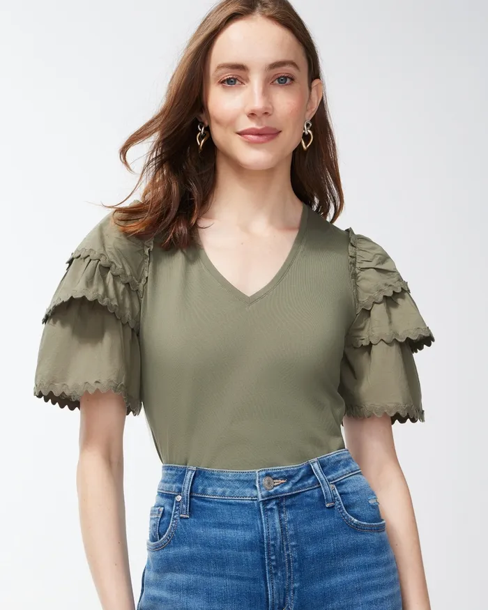 Chico039s Rick Rack Ruffle Tiered Sleeve Tee Dark Moss Women Tees