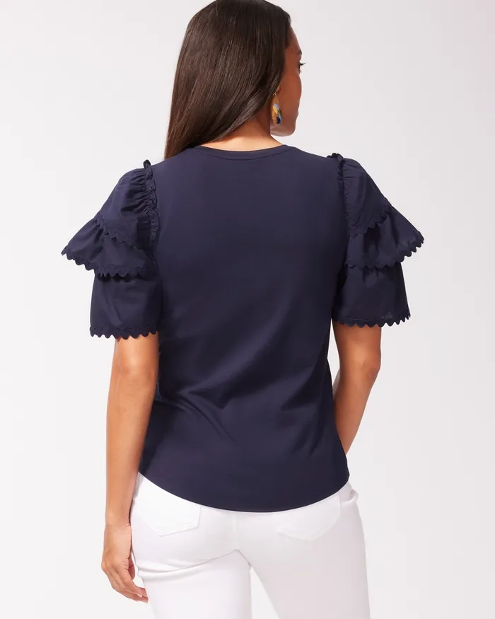 Chico039s Rick Rack Ruffle Tiered Sleeve Tee Dark Moss Women Tees