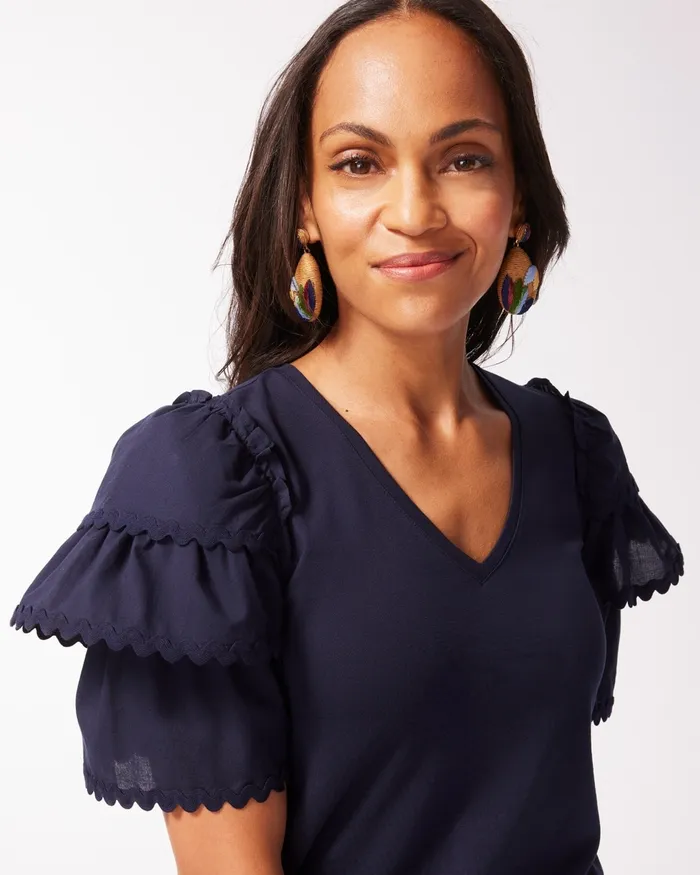 Chico039s Rick Rack Ruffle Tiered Sleeve Tee Dark Moss Women Tees