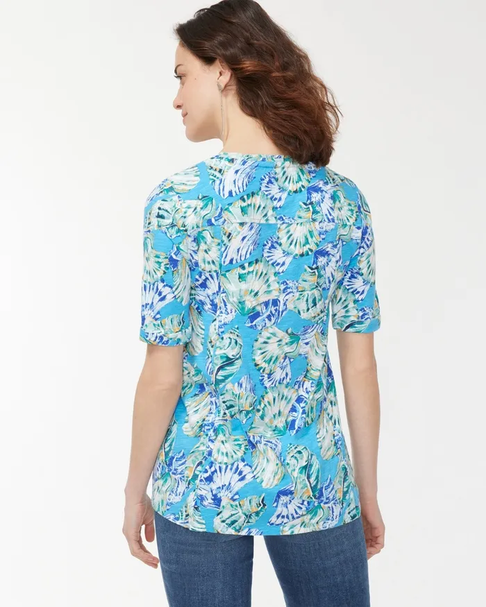 Chico039s Shell Print Seamed Slub Tee Poolside Blue Women Tees