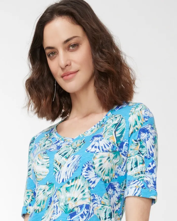 Chico039s Shell Print Seamed Slub Tee Poolside Blue Women Tees