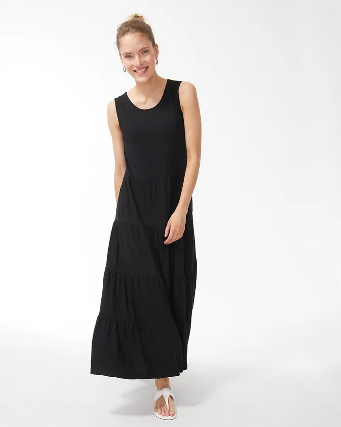 Chico039s Sleeveless Cotton Slub Maxi Dress Black Women Dresses and Skirts