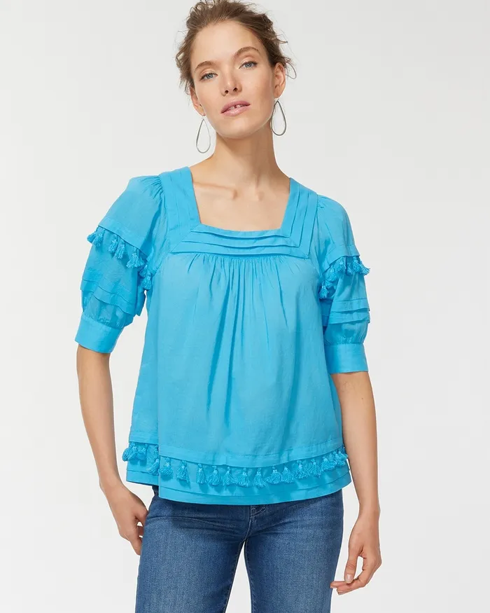 Chico039s Square Neck Tiered Top Poolside Blue Women Tops