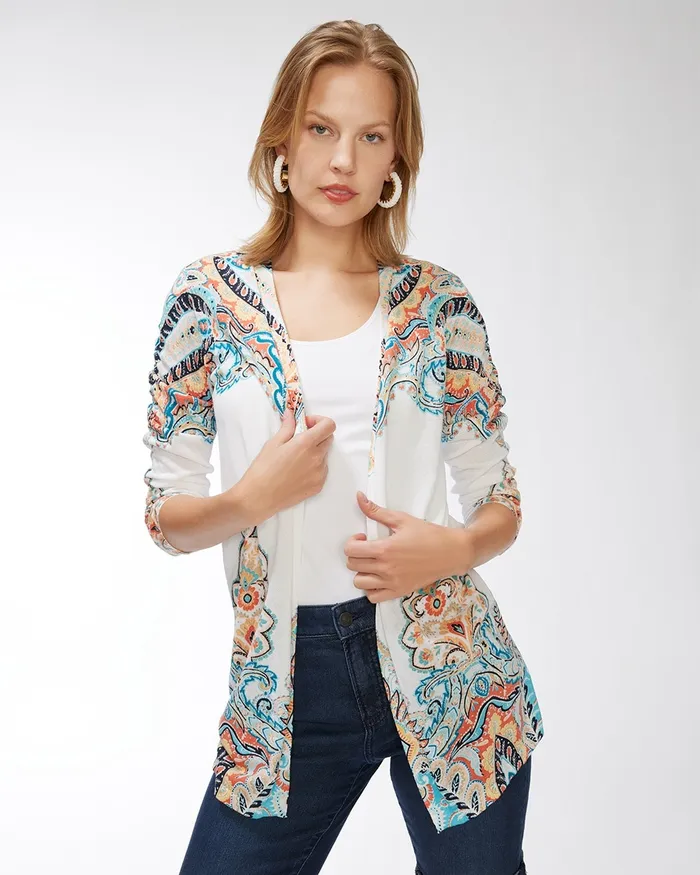 Chico039s Summer Romance Paisley Ruched Cardigan Agua Azul Women Sweaters