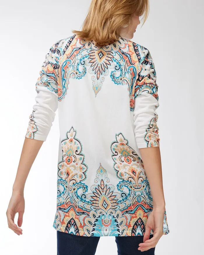 Chico039s Summer Romance Paisley Ruched Cardigan Agua Azul Women Sweaters