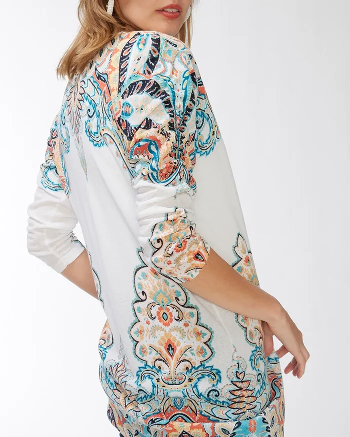 Chico039s Summer Romance Paisley Ruched Cardigan Agua Azul Women Sweaters