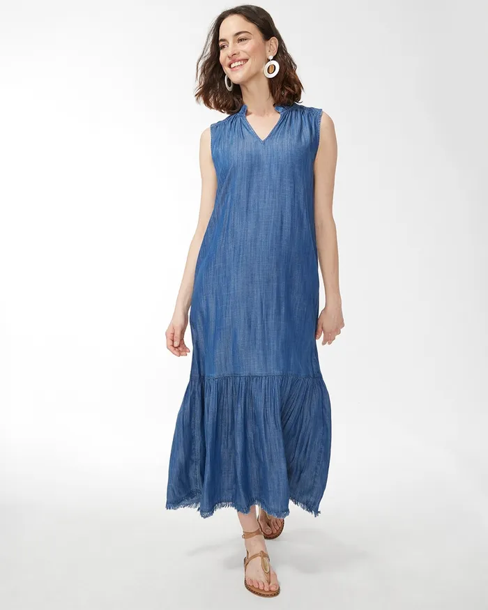 Chico039s Tencel Modern Peasant Dress Buttercup Indigo Women Dresses and Skirts