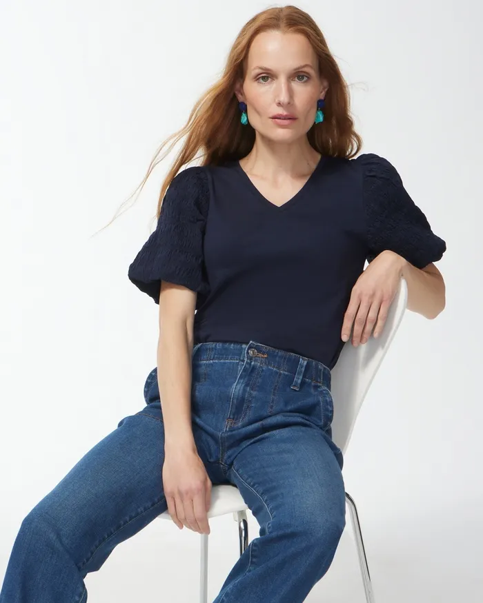 Chico039s Textured Puff Sleeve Top Classic Navy Women Tees
