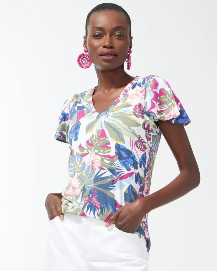 Chico039s Touch Of Cool Tropical Flutter Sleeve Tee Alabaster Women Tops