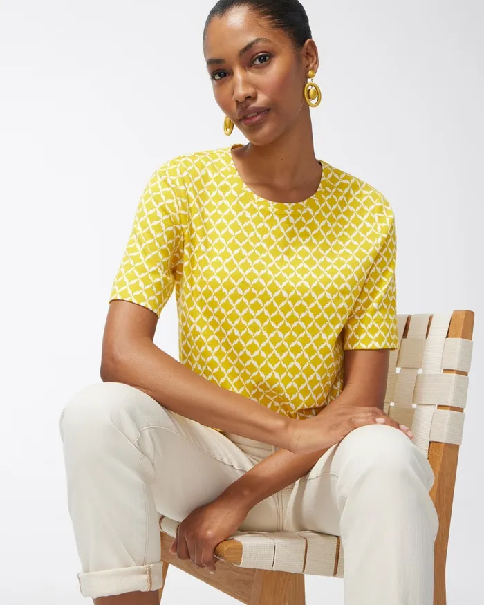 Chico039s Warm Ikat Cotton Crew Neck Tee Pineapple Fizz Women Tees