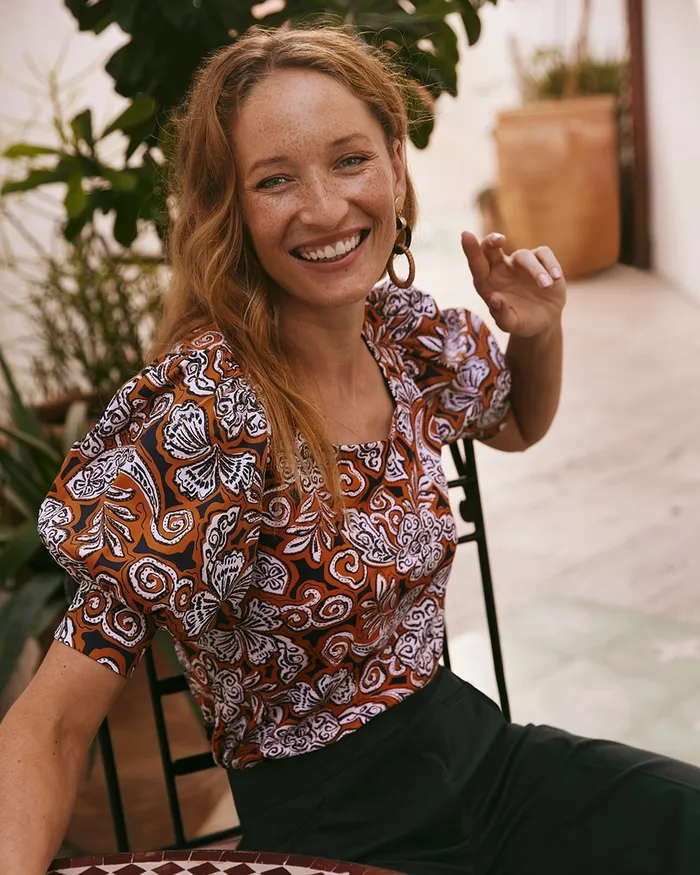 Chico039s Warm Paisley Square Neck Top Burnished Clay Women Tees