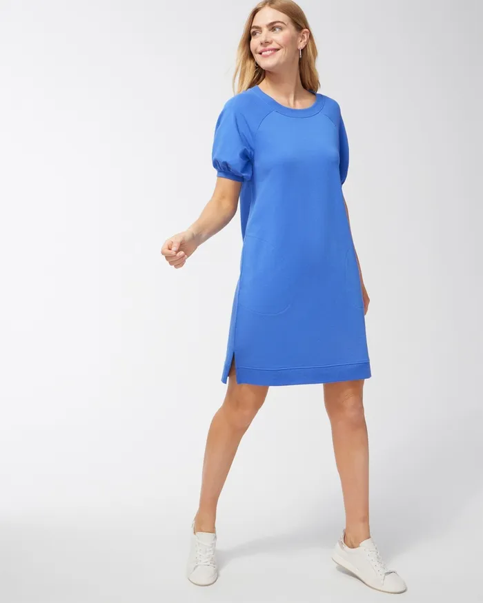 Chico039s Zenergy French Terry Puff Sleeve Dress Amparo Blue Women Dresses and Skirts