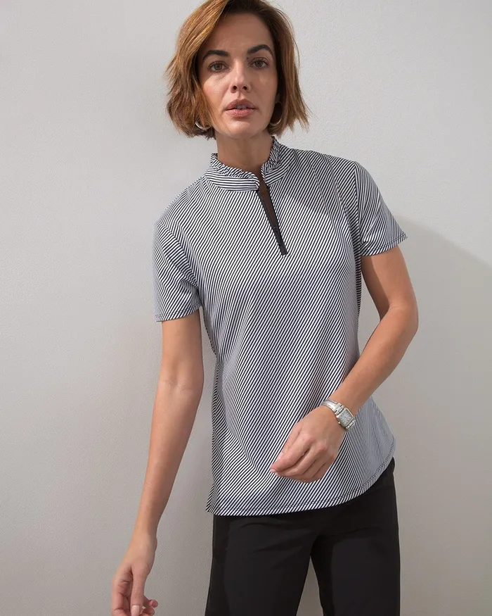 Chico039s Zenergy UPF Stripe Ruffle Collar Polo Black Women Tops