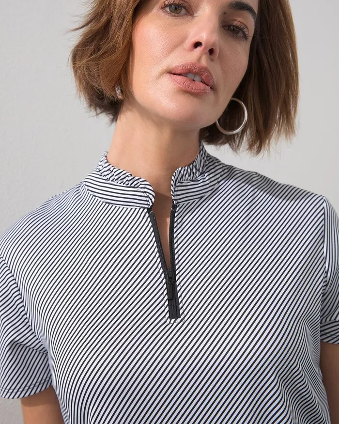 Chico039s Zenergy UPF Stripe Ruffle Collar Polo Black Women Tops