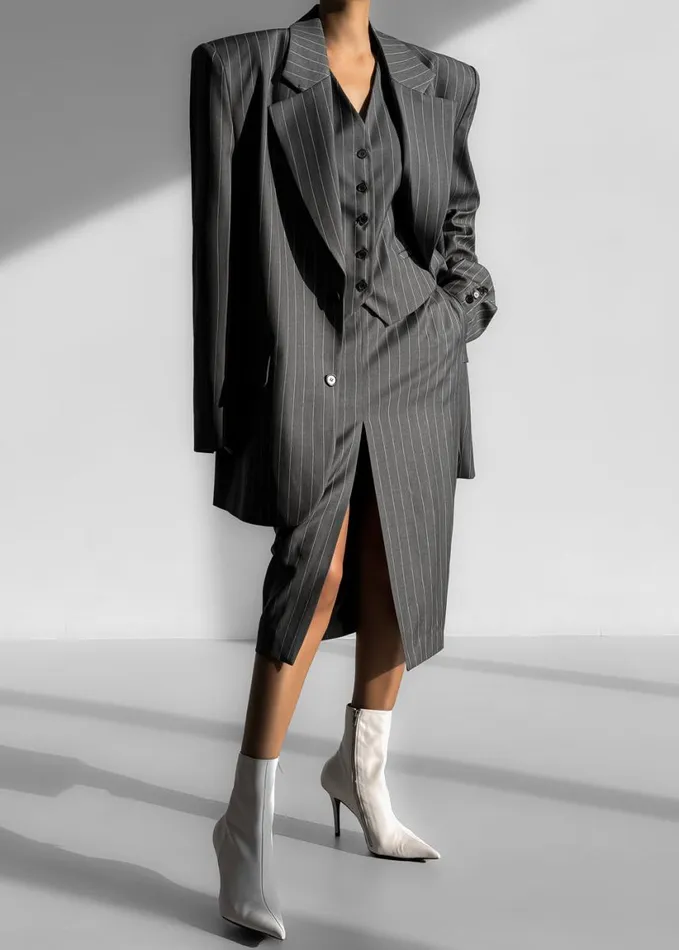 Clothing Women The Frankie Shop Holland Midi Slit Skirt 8211 CharcoalWhite Pinstripe