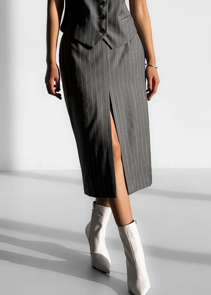 Clothing Women The Frankie Shop Holland Midi Slit Skirt 8211 CharcoalWhite Pinstripe