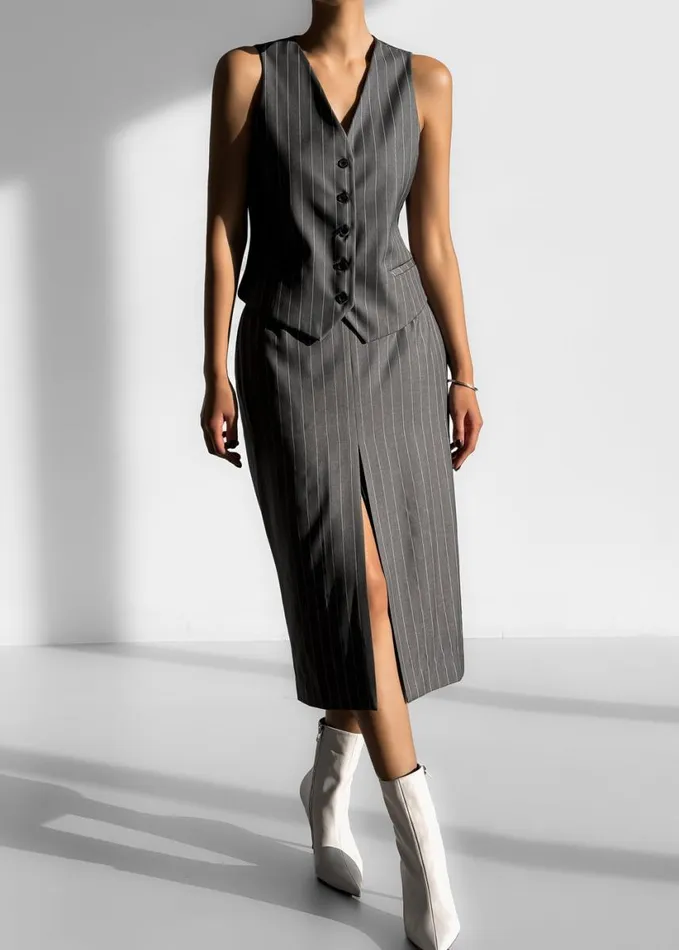 Clothing Women The Frankie Shop Holland Midi Slit Skirt 8211 CharcoalWhite Pinstripe