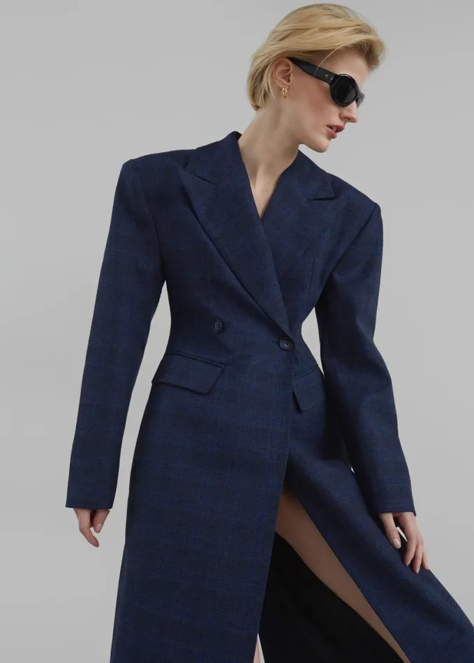 Clothing Women The Frankie Shop Linden Plaid Dress Coat 8211 Navy