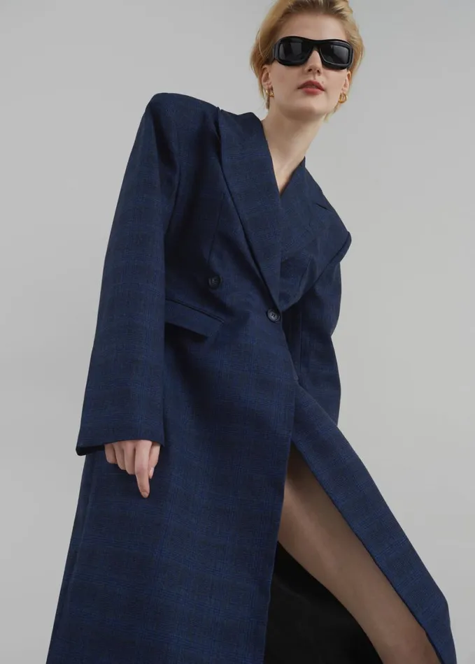 Clothing Women The Frankie Shop Linden Plaid Dress Coat 8211 Navy