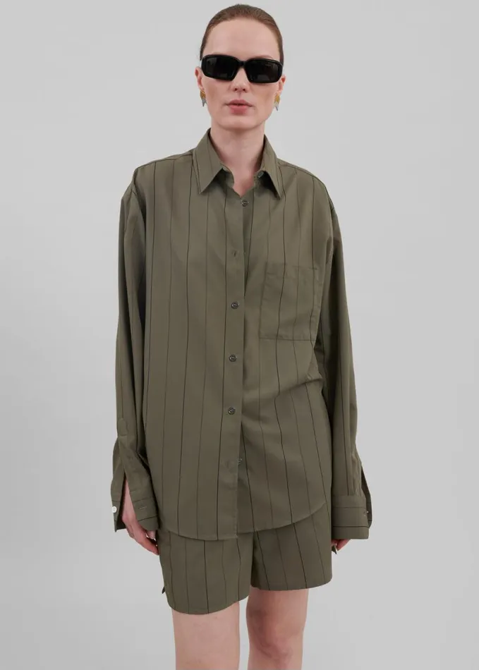 Clothing Women The Frankie Shop Lui Shirt 8211 KhakiBlack Stripe