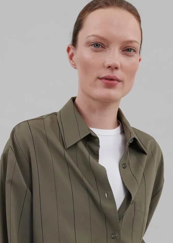 Clothing Women The Frankie Shop Lui Shirt 8211 KhakiBlack Stripe