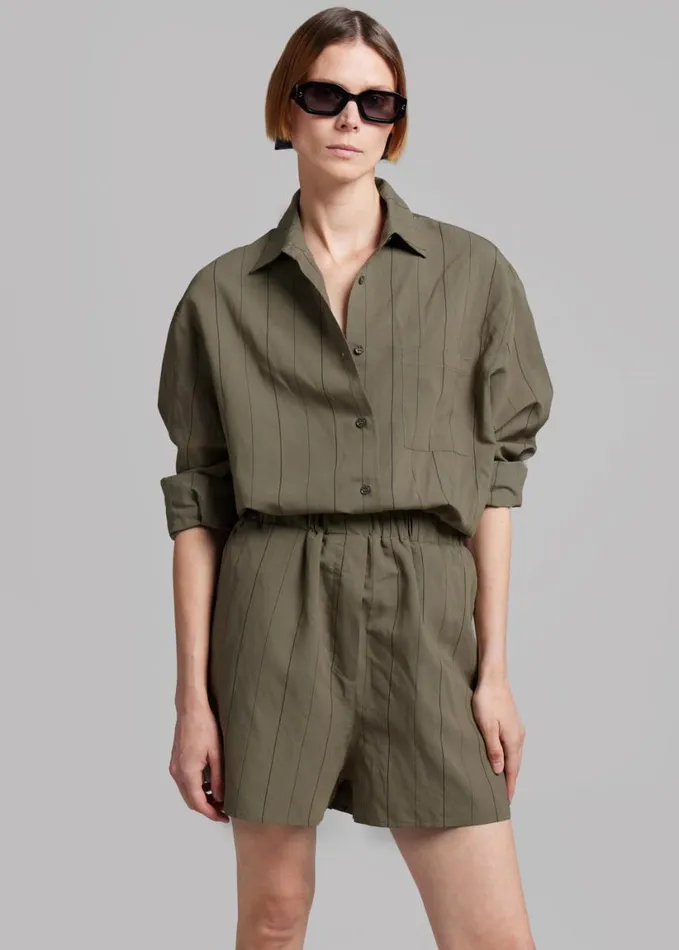 Clothing Women The Frankie Shop Lui Shirt 8211 KhakiBlack Stripe