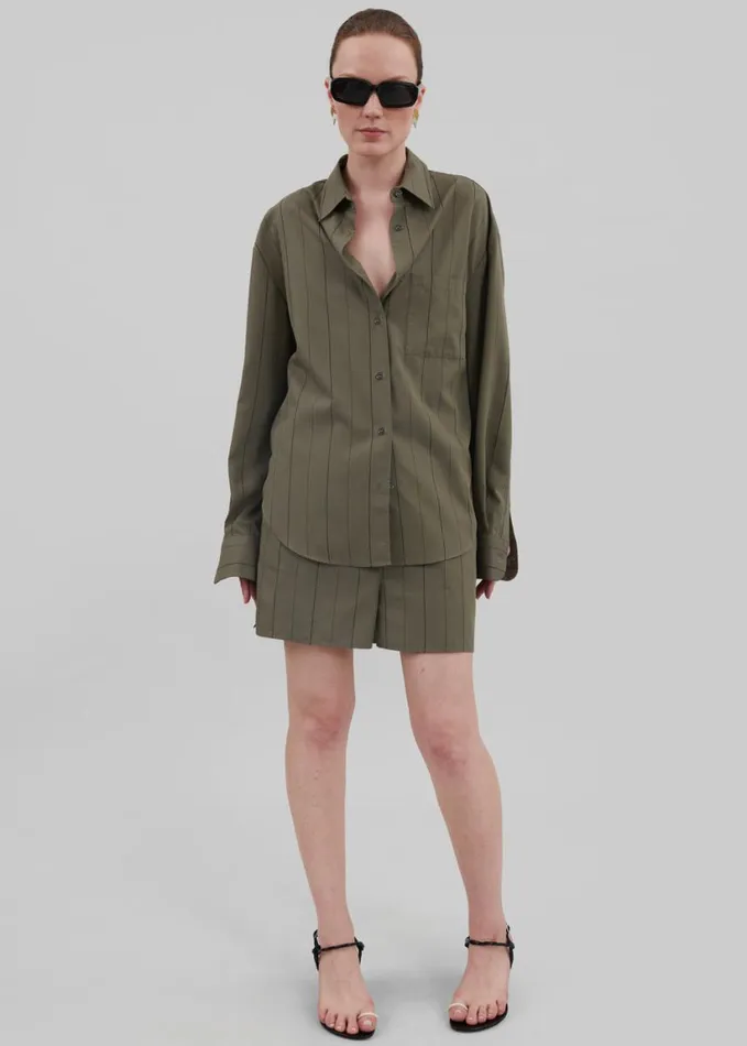 Clothing Women The Frankie Shop Lui Shirt 8211 KhakiBlack Stripe