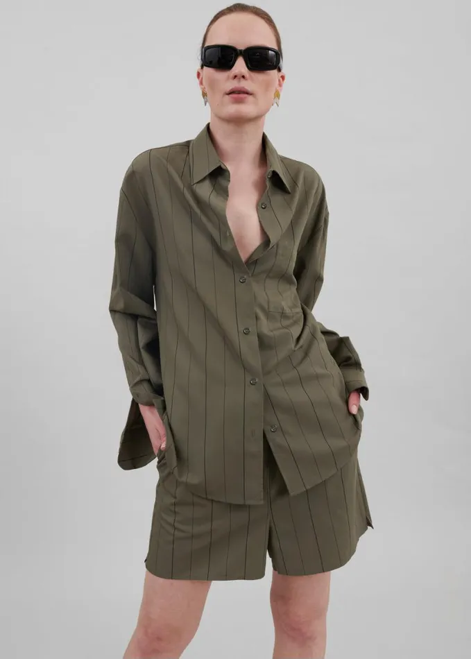 Clothing Women The Frankie Shop Lui Shirt 8211 KhakiBlack Stripe