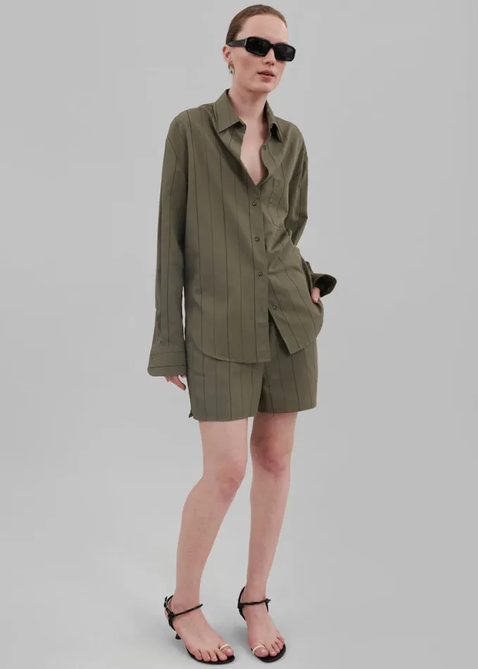 Clothing Women The Frankie Shop Lui Shirt 8211 KhakiBlack Stripe