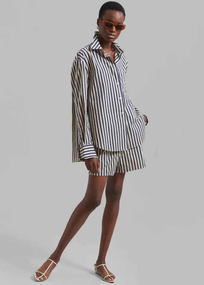 Clothing Women The Frankie Shop Lui Textured Shirt 8211 BeigeNavy Multi Stripe